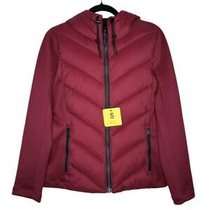 DKNY Mixed Media Scuba Sleeves Hooded Puffer Jacket Size Small Red Winter Coat